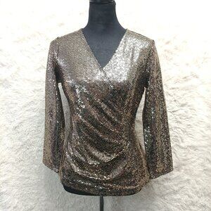 Anne Klein Women's Gold Sequin Deep V Long Sleeve Blouse Size S